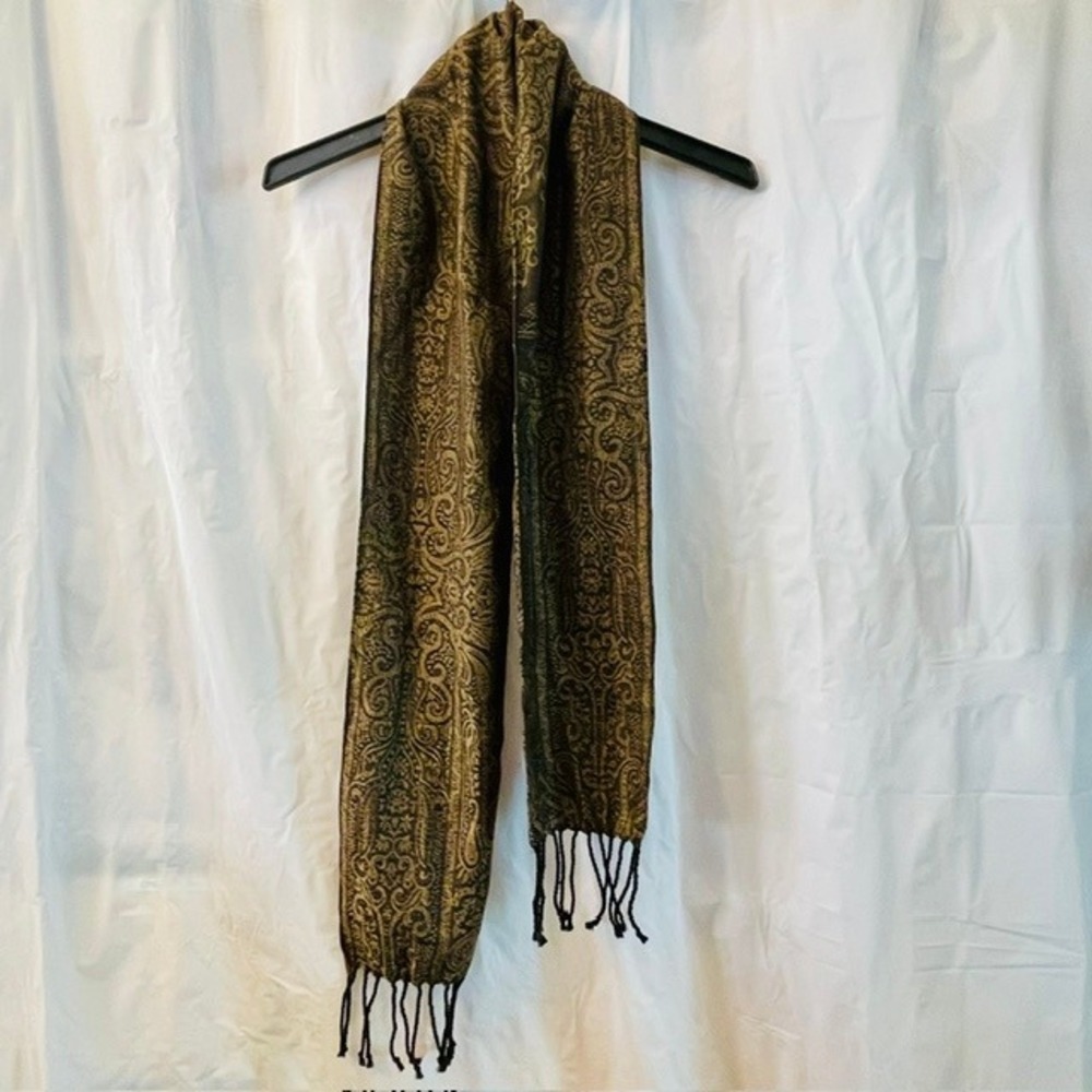 Vntg 100% Pure New Wool Paisley Scarf Brown Gold Jacquard Fringe Made in India